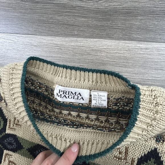 Vintage Prima Maglia Sweater Mens Large Beige Wool Blend Geometric Knit 90s Cozy - Picture 3 of 4